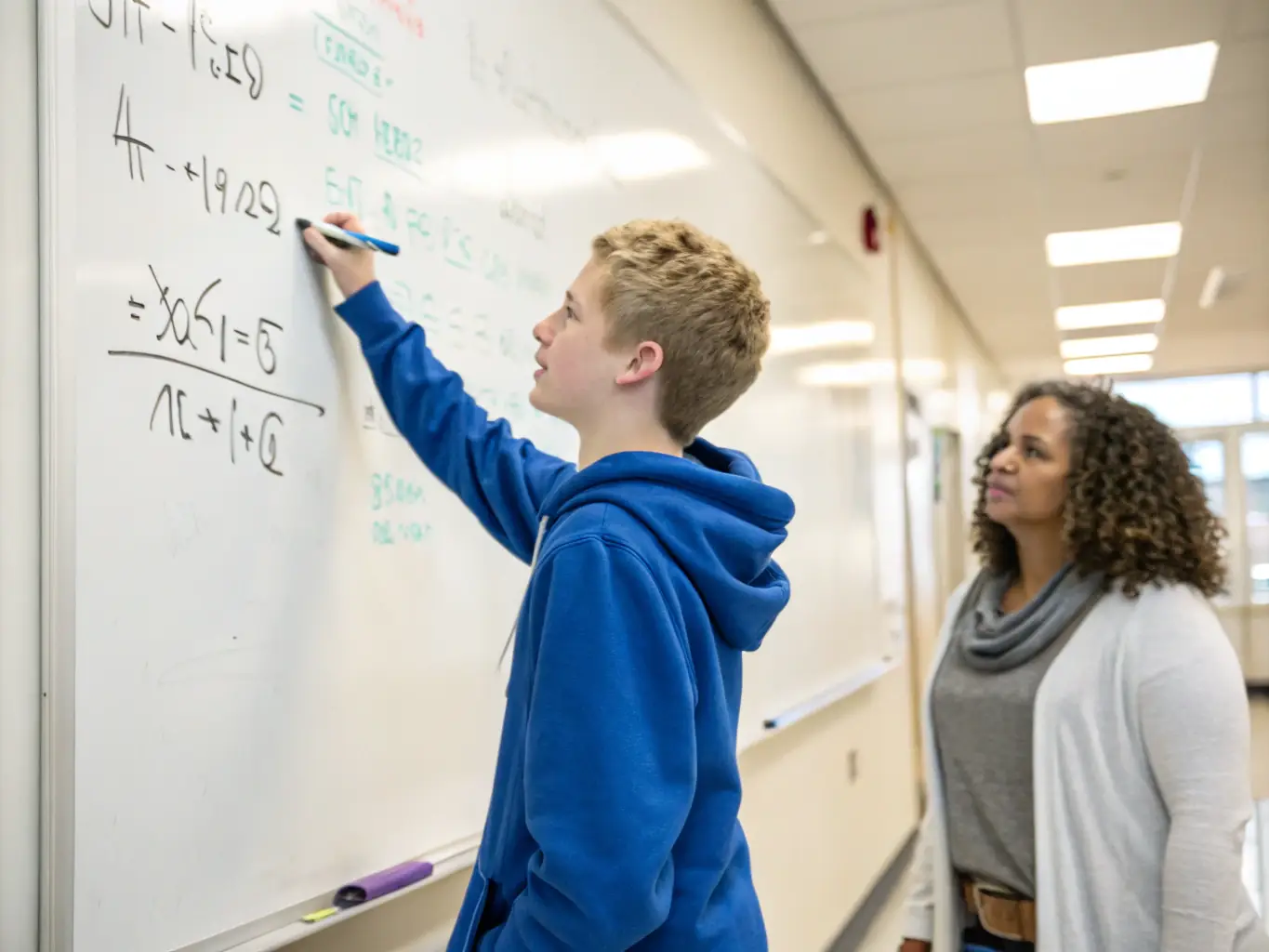 A high school student attentively listening to a physics tutor explaining a concept on a whiteboard, with diagrams and equations visible.