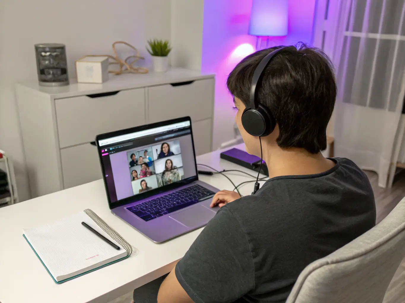 A student participating in an online physics tutoring session, with the tutor visible on the screen and interactive tools being used.