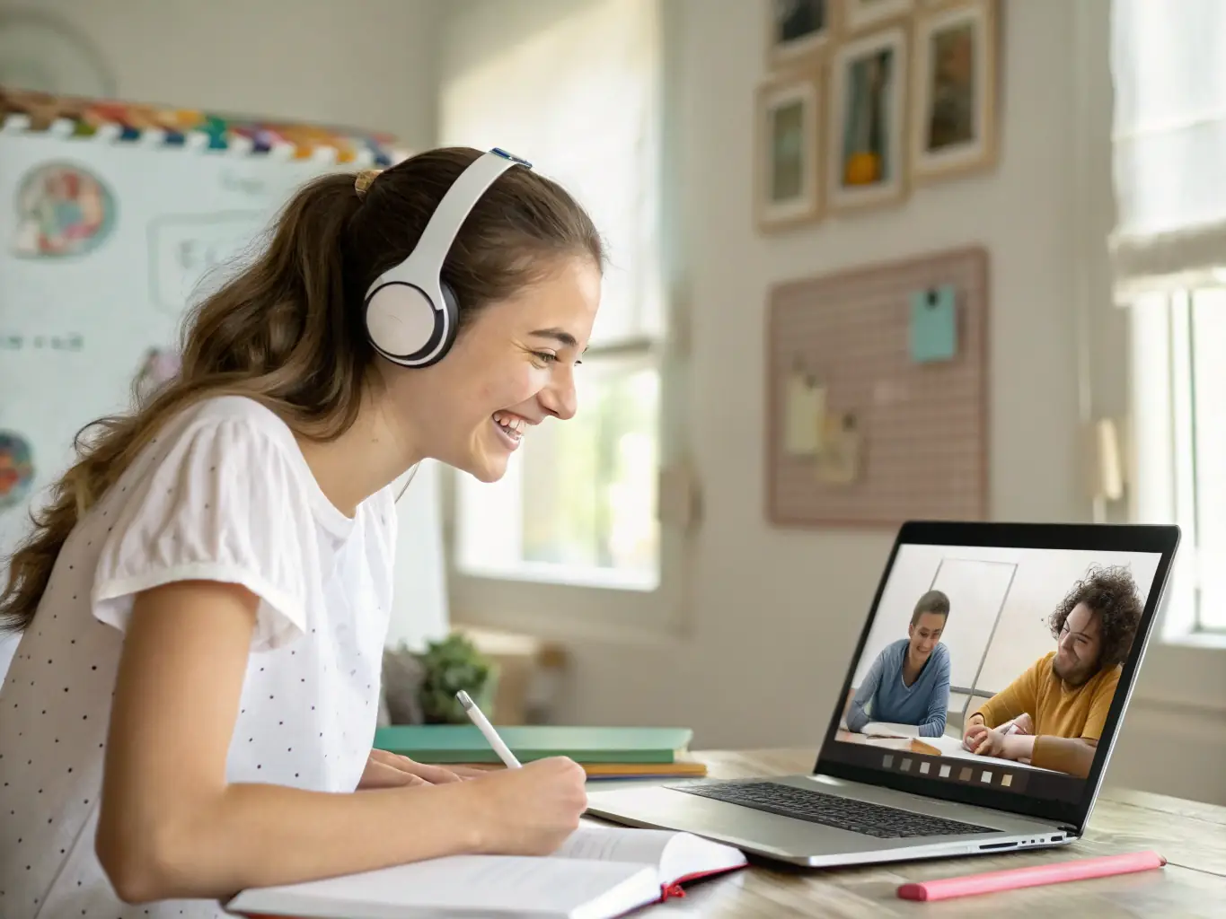 A student participating in an online physics tutoring session, interacting with the tutor via video conference. The student is at their desk, surrounded by study materials, and actively engaged in the lesson.