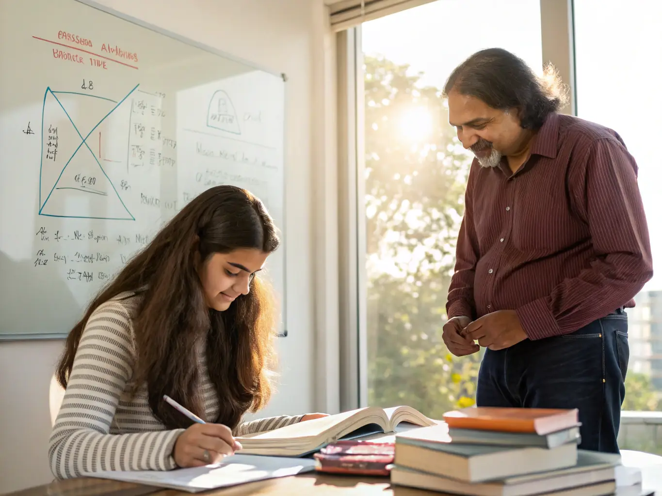 A focused high school student is diligently working through a physics problem with a tutor in a bright, modern study environment. The tutor is pointing to a specific part of the equation, guiding the student through the solution.